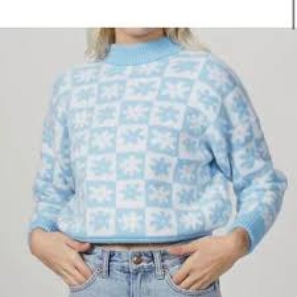 Lisa Says Gah Sweaters - LISA SAYS GAH Emma Mock Neck Sweater in Blue Daisy XS/S